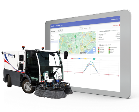 tablet con schermata del software clean roads e macchina spazzatrice